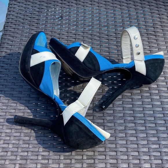 Charles David collection black suede white patent blue fabric size 9 heels - Picture 12 of 16